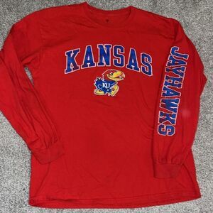 Red KU university of Kansas Jayhawks long sleeve men’s T shirt L/ slim fanatics